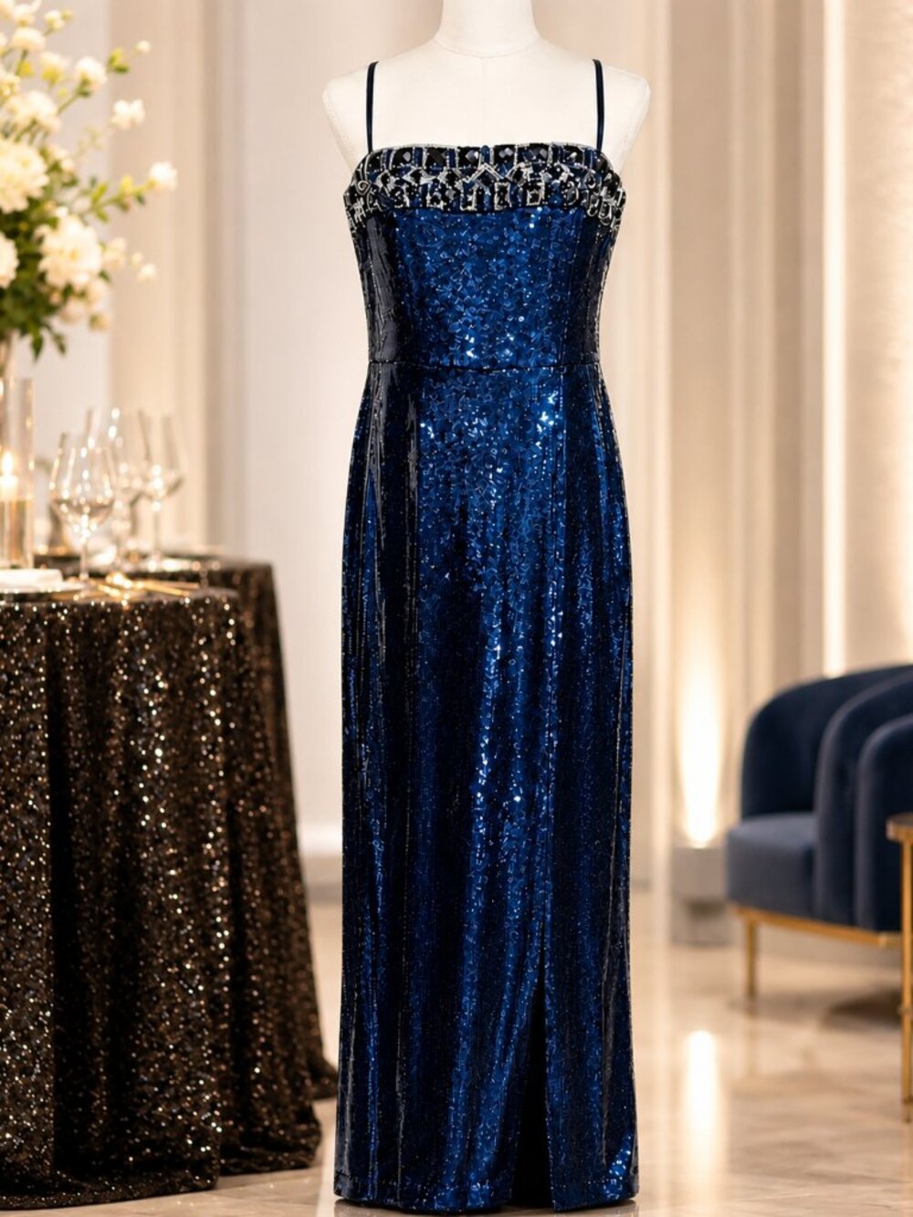 Aidan Mattox Navy Blue Sequin Strapless Gown – Size 12 (NWT) - Picture 2 of 7